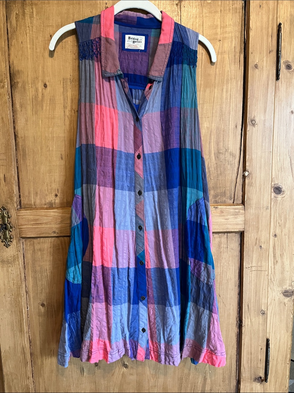 HOLDING HORSES Anthropologie Sleeveless Plaid Dress in Blue, Pink, Purple